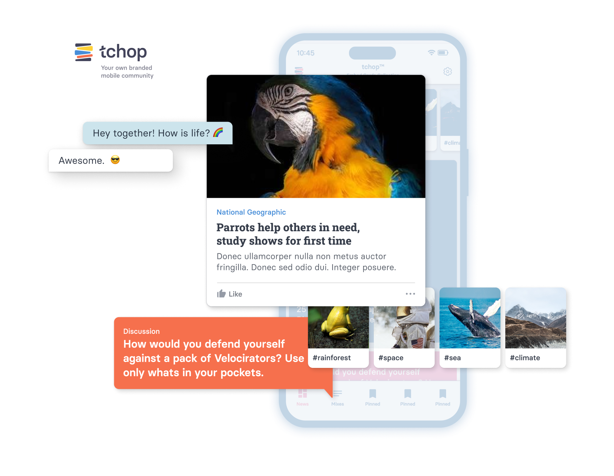 tchop&trade; — a SaaS community platform adaptable to your own brand. It combines content with social media and chat.